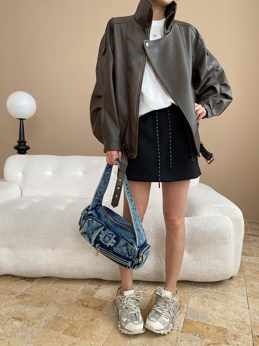 Double Collar Jacket Biker Leather