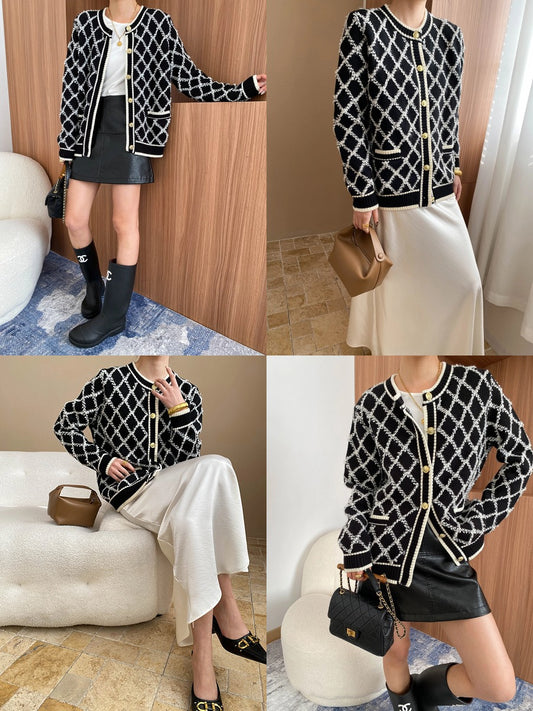 Gold-Buttoned Diamond Pattern Knit Cardigan