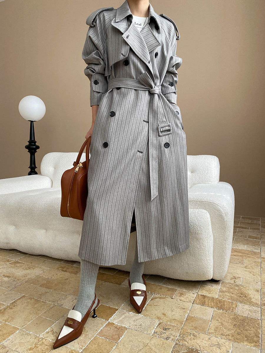 Old Money Striped Double-Breasted Trench Coat – Longline, Belted, Wrinkle-Free, Oversized Fit