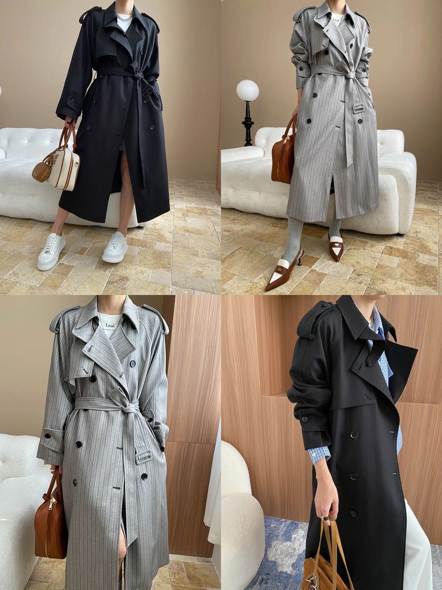 Old Money Striped Double-Breasted Trench Coat – Longline, Belted, Wrinkle-Free, Oversized Fit