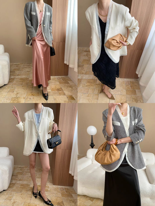 Mesh Edge Patchwork V-Neck Contour Blazer
